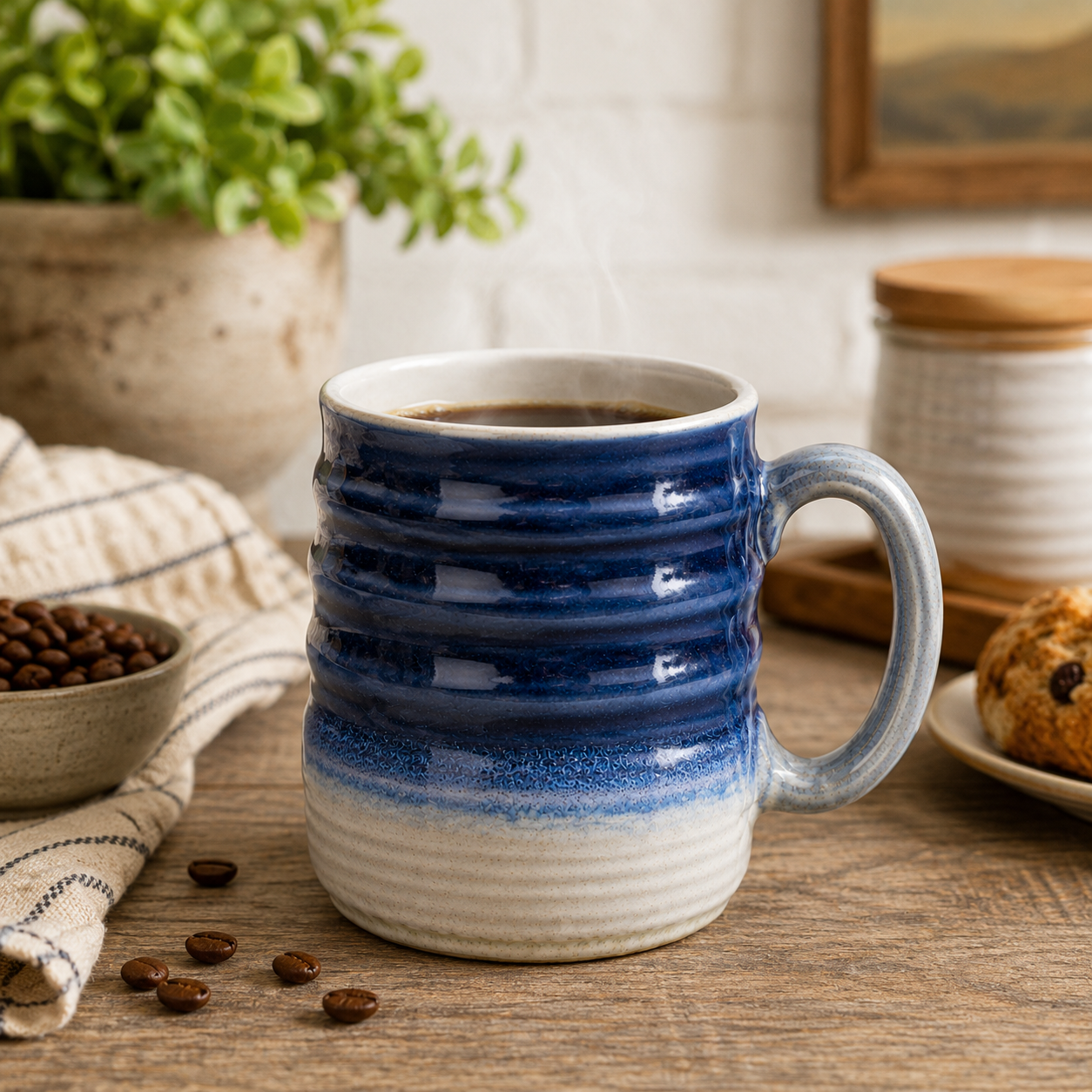 A ceramic coffee mug with a wavy ribbed design, featuring a deep blue upper section and a textured off-white lower section, filled with coffee on a wooden table in a cozy kitchen setting.