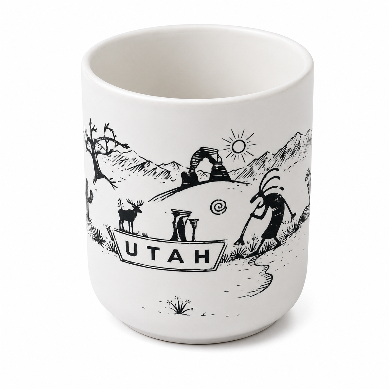 A white ceramic mug featuring a black line art illustration of a Utah landscape with the word 'UTAH' on a boat, shown against a plain white background.
