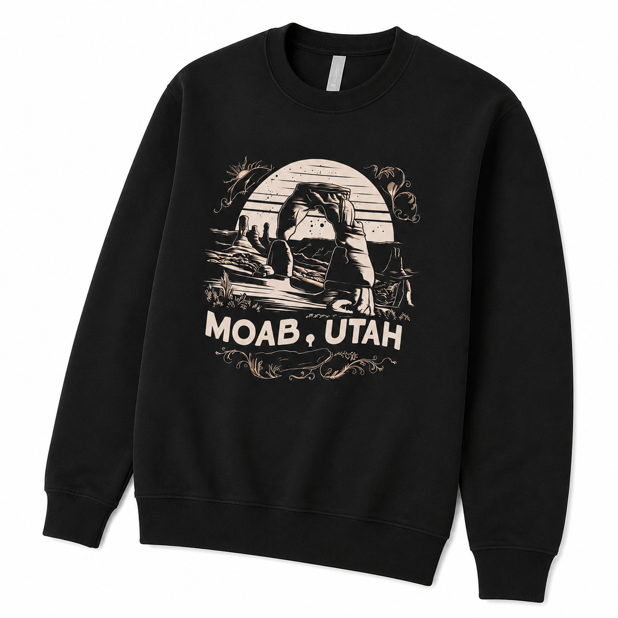 Black sweatshirt with 'Moab, Utah' graphic design on a white background
