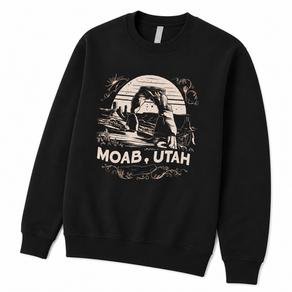 Black sweatshirt with 'Moab, Utah' graphic design on a white background