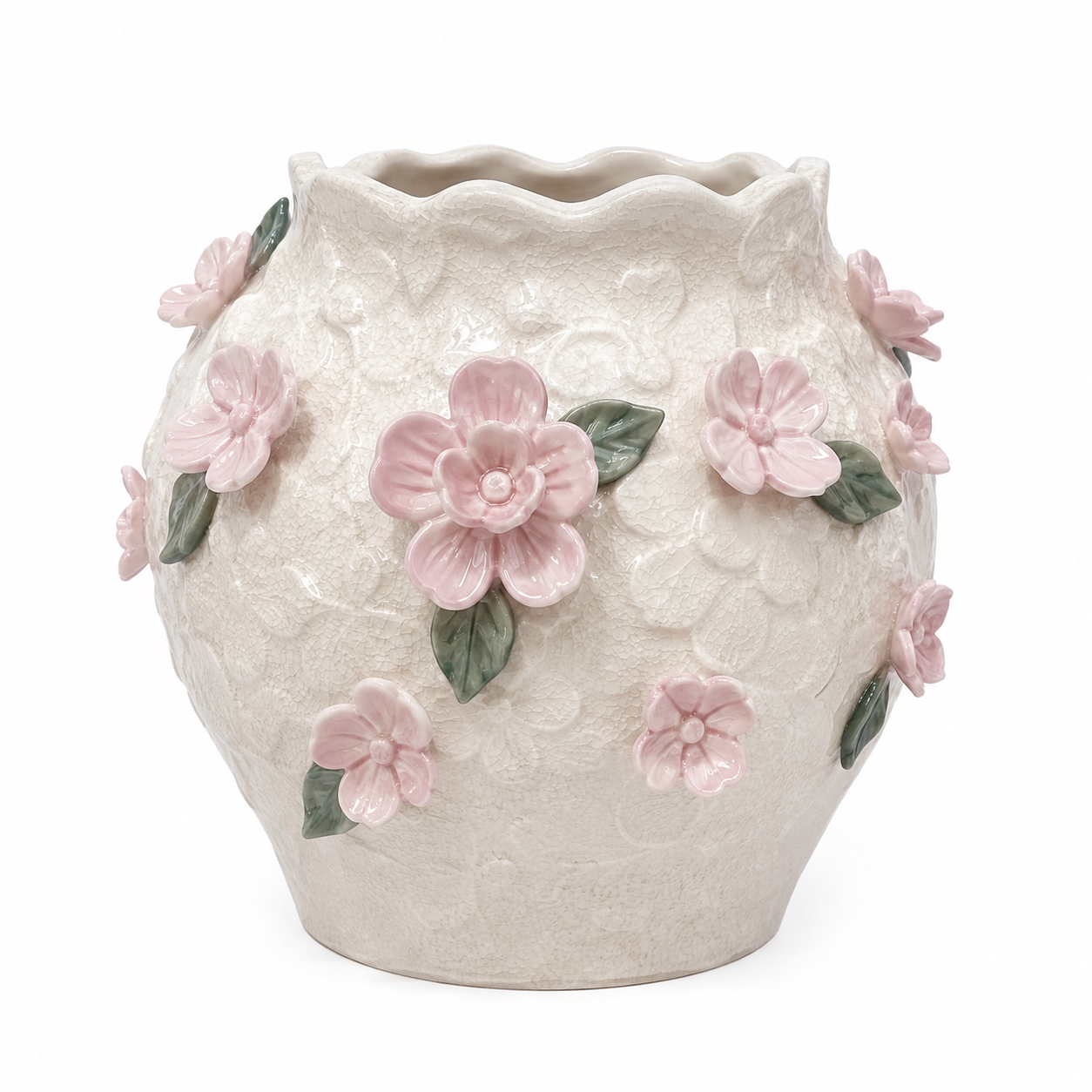A cream-colored textured ceramic planter pot decorated with 3D pink cherry blossom flowers and green leaves, shown against a plain white background.