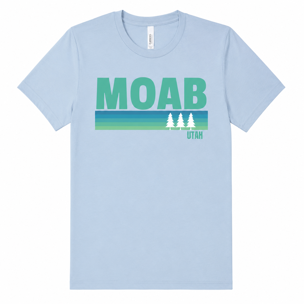 Light blue t-shirt with 'MOAB Utah' text design on a white background