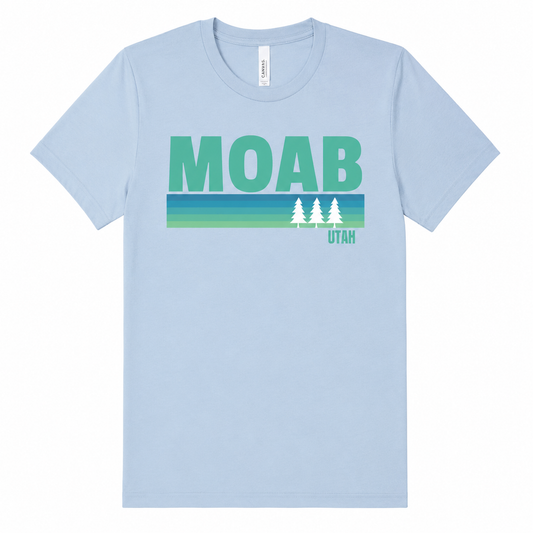 Light blue t-shirt with 'MOAB Utah' text design on a white background