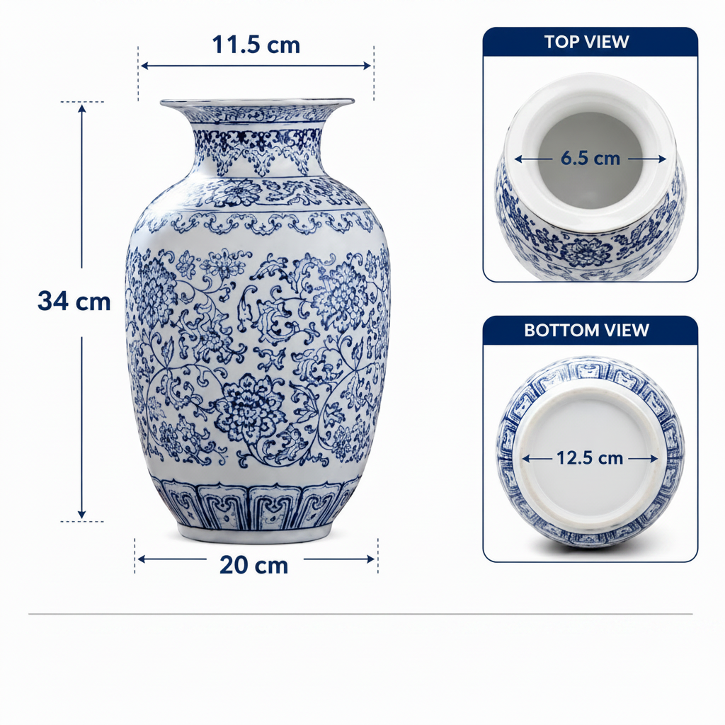 Blue and white porcelain-style vase with floral patterning, shown with dimension callouts and three view insets labeled top view, bottom view, and front view on a white background.