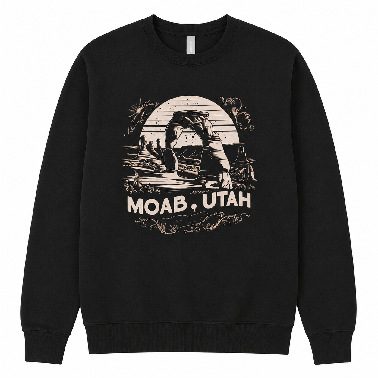 Black sweatshirt with 'Moab, Utah' graphic design on a white background