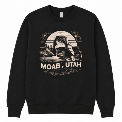 Black sweatshirt with 'Moab, Utah' graphic design on a white background