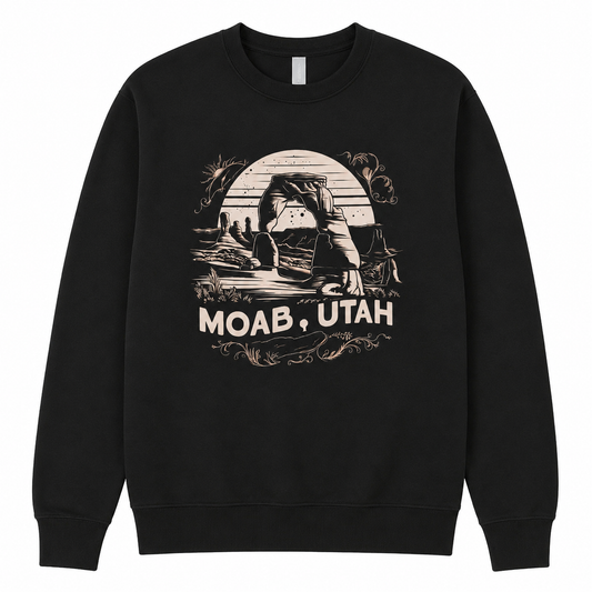 Black sweatshirt with 'Moab, Utah' graphic design on a white background