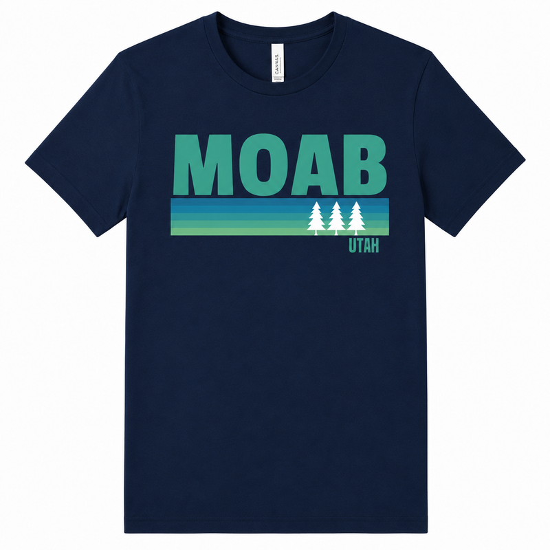 Navy blue t-shirt with 'MOAB Utah' graphic on a white background