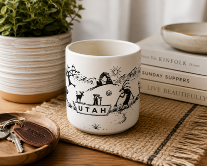 A white ceramic mug with a black illustrated landscape design and the word 'UTAH' on the front, styled on a woven placemat with a potted plant, keys, and books in the background.