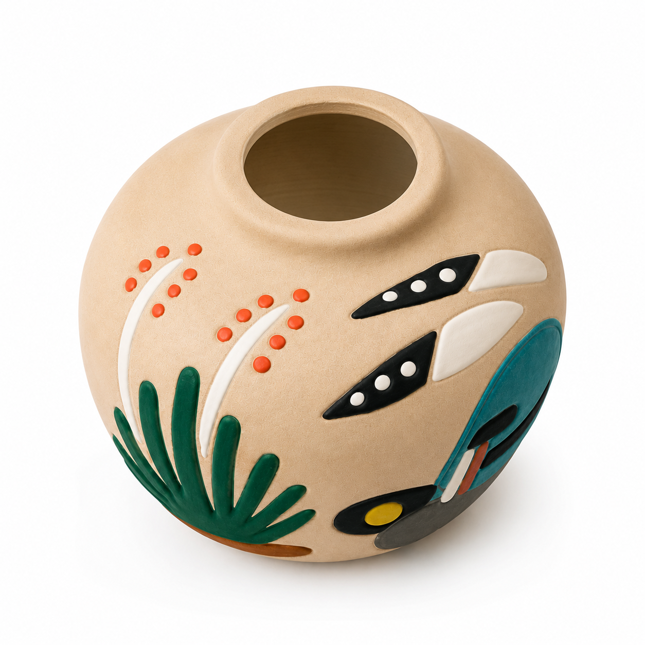 A round beige ceramic vase with a hand-painted Polynesian-inspired design featuring green leaves, orange dots, black and white geometric shapes, and a teal motif, shown on a white background.