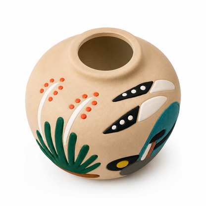 A round beige ceramic vase with a hand-painted Polynesian-inspired design featuring green leaves, orange dots, black and white geometric shapes, and a teal motif, shown on a white background.