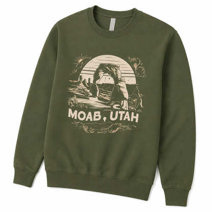 Green sweatshirt with 'Moab, Utah' graphic design on a white background