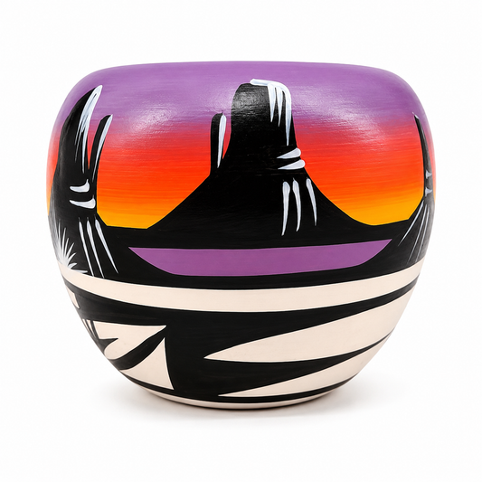 Colorful ceramic vase with abstract design on a white background