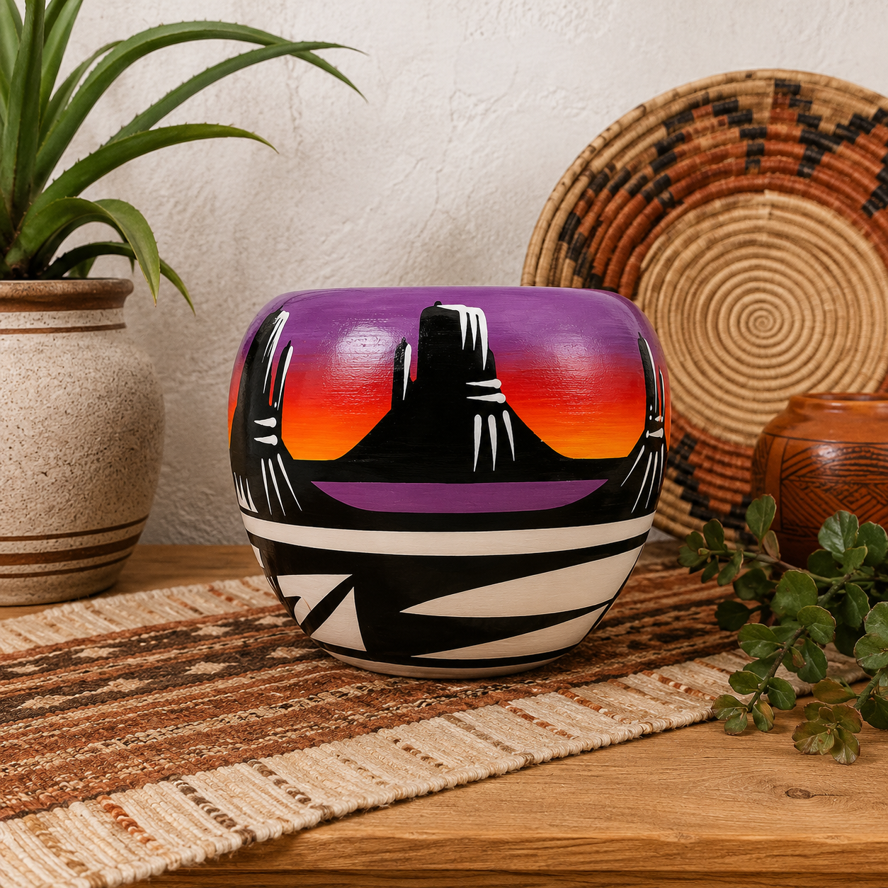 Decorative vase with sunset design on a wooden surface with plants and a woven basket in the background.
