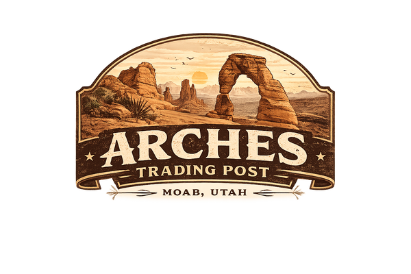 Logo of Arches Trading Post with desert landscape illustration