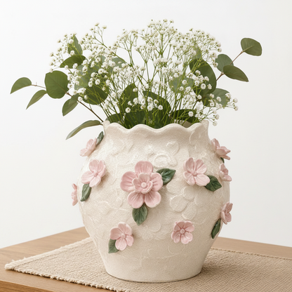 A cream-colored ceramic vase with embossed floral patterns and raised pink cherry blossom flowers, filled with white baby's breath and green eucalyptus stems, displayed on a woven placemat over a wooden surface against a plain white background.