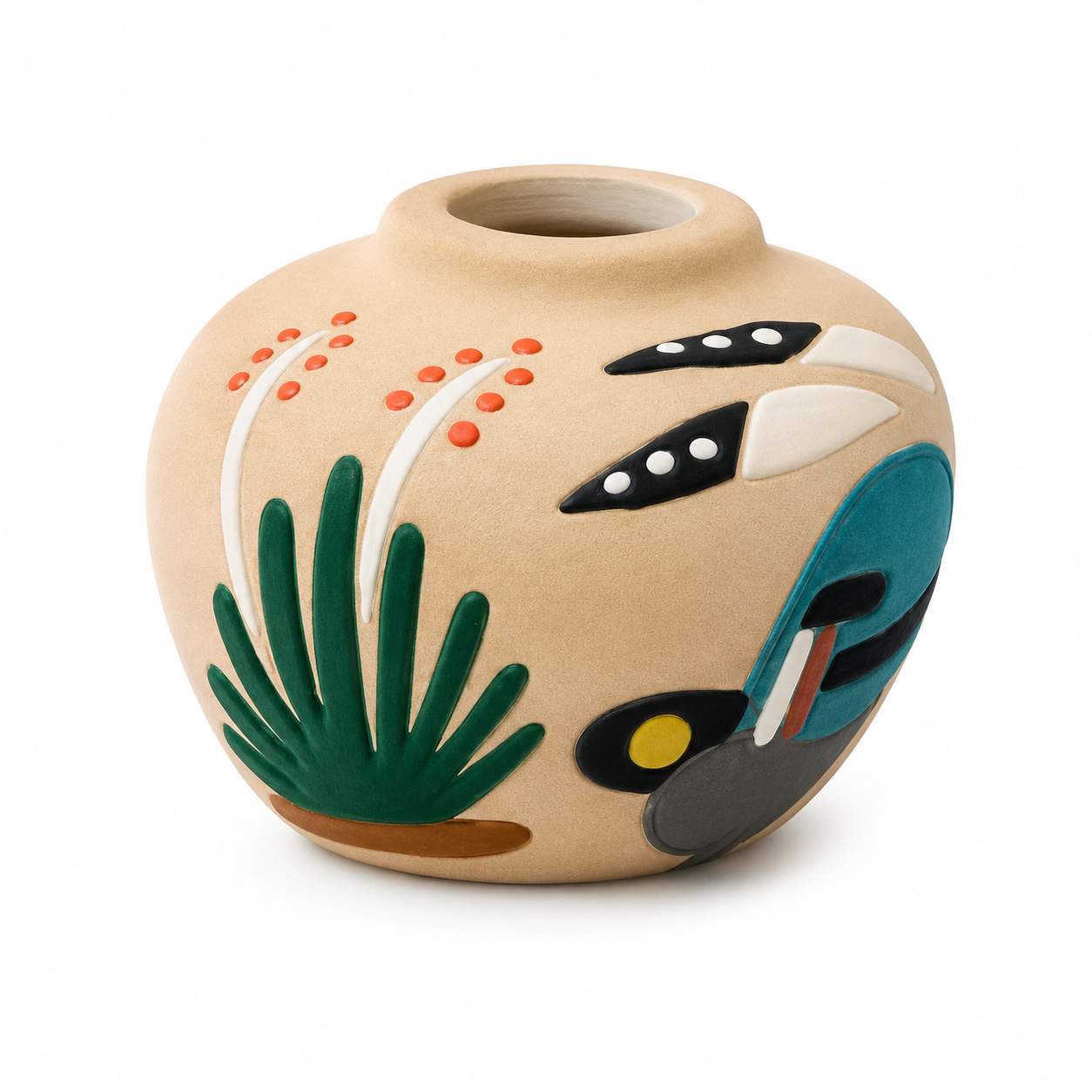 A round beige ceramic vase decorated with colorful abstract and botanical patterns, including green leaves, orange dots, black and white leaf shapes, and teal and gray accents, shown on a plain white background.