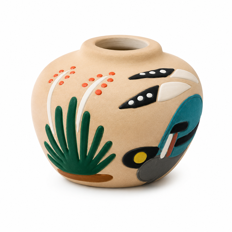 A round beige ceramic vase decorated with colorful abstract and botanical patterns, including green leaves, orange dots, black and white leaf shapes, and teal and gray accents, shown on a plain white background.