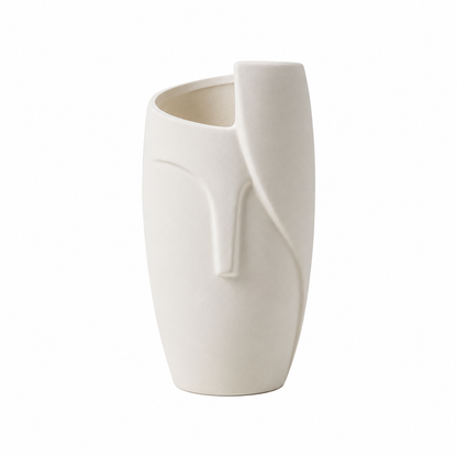 An off-white ceramic vase with a sculptural, abstract organic design and a small integrated side tab, shown on a solid white background.