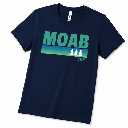 Navy blue t-shirt with 'MOAB UTAH' text and tree graphics on a white background