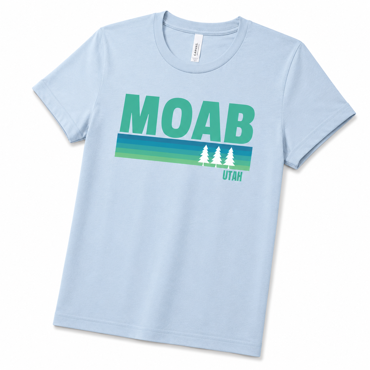 Light blue t-shirt with 'MOAB Utah' graphic on a white background