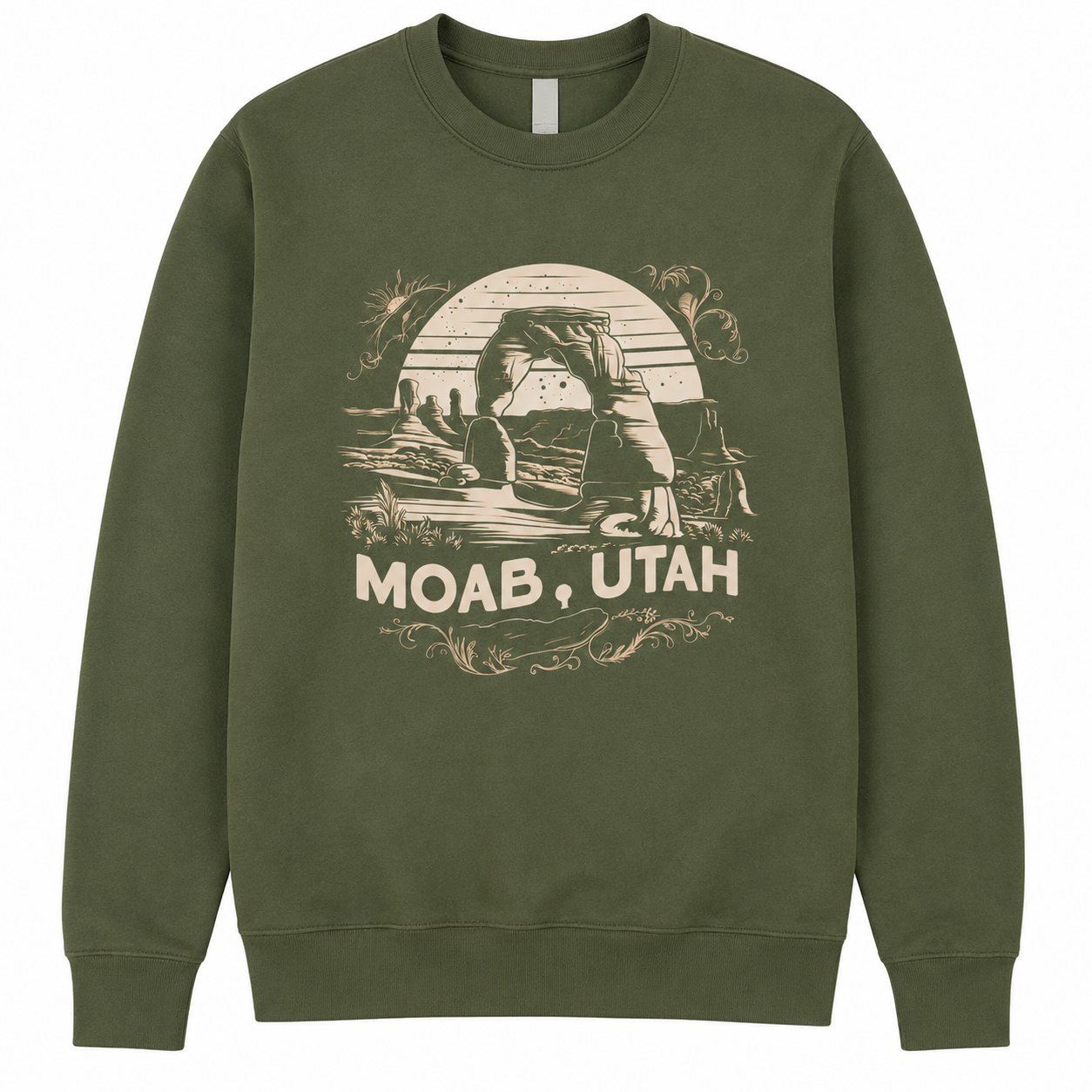 Green sweatshirt with a graphic of Arches National Park and 'Moab, Utah' text on a white background