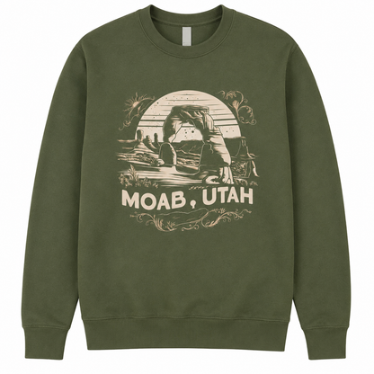 Green sweatshirt with a graphic of Arches National Park and 'Moab, Utah' text on a white background