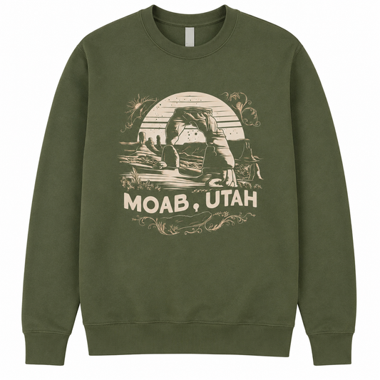 Green sweatshirt with a graphic of Arches National Park and 'Moab, Utah' text on a white background