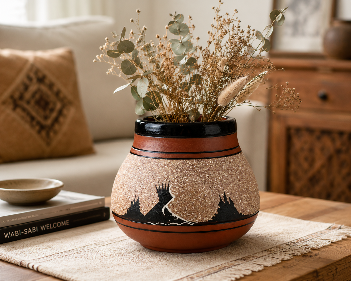 A decorative ceramic planter with a textured beige and terracotta body, featuring black painted mountain silhouettes and a black rim, filled with dried botanicals and eucalyptus, set on a wooden table in a cozy living room.