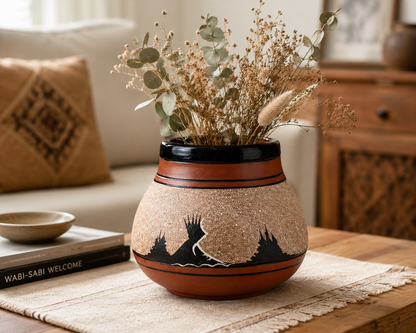 A decorative ceramic planter with a textured beige and terracotta body, featuring black painted mountain silhouettes and a black rim, filled with dried botanicals and eucalyptus, set on a wooden table in a cozy living room.