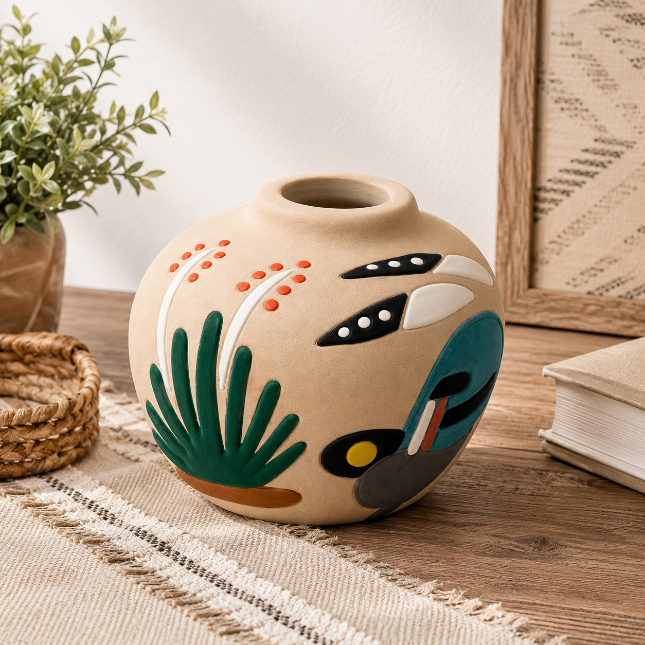 A round beige ceramic vase with hand-painted abstract and botanical patterns in green, teal, orange, black, white, and brown, styled on a wooden table with a woven rug, a potted plant, and a stack of books.