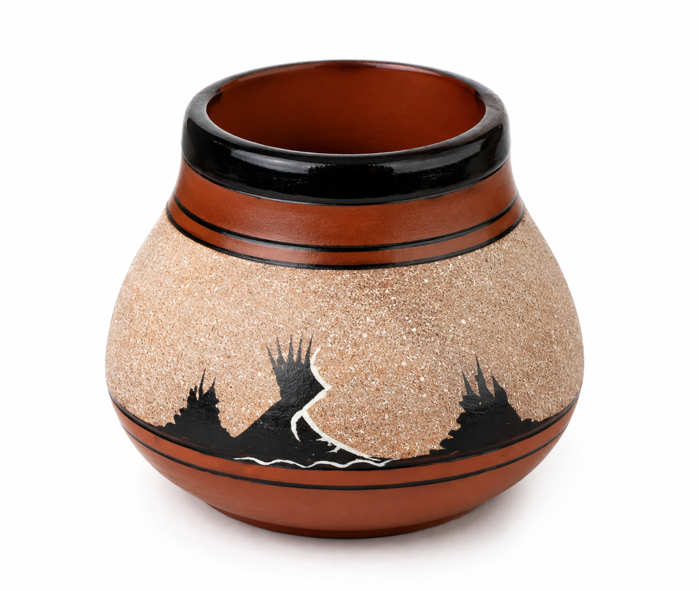 A hand-painted clay pot with a textured beige body, black decorative silhouettes, and a glossy dark brown rim, shown on a white background.