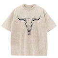 Vintage Cowboy Cow Skull Acid Wash Graphic Short Sleeve T Shirt