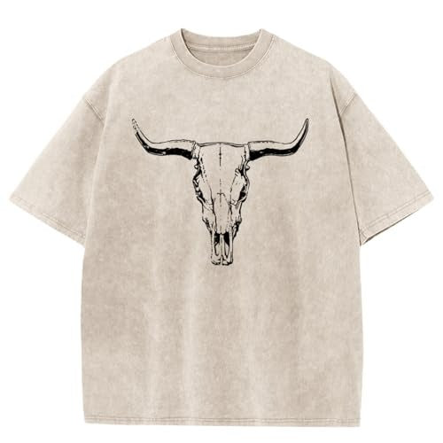 Vintage Cowboy Cow Skull Acid Wash Graphic Short Sleeve T Shirt