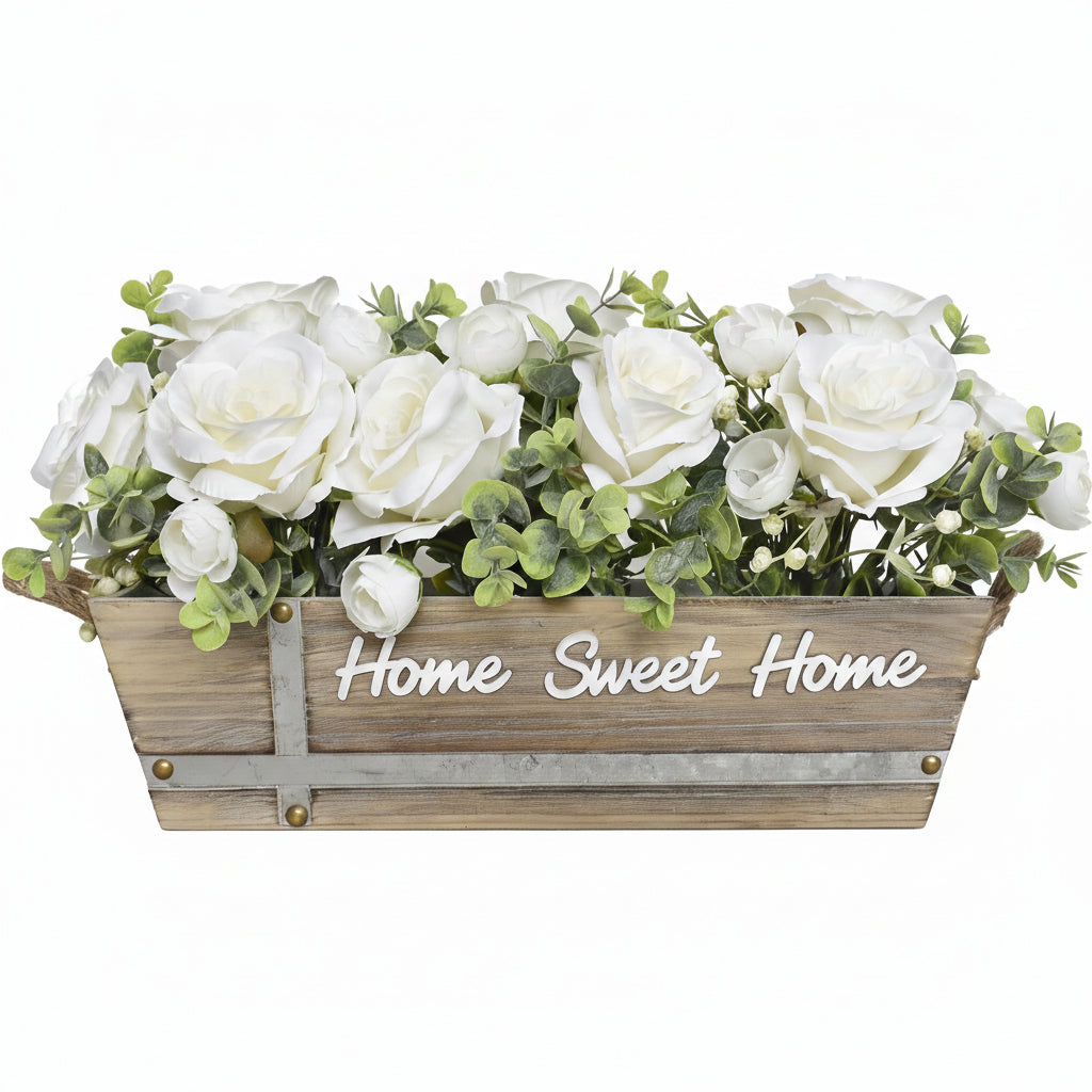 Decorative planter with white flowers and 'Home Sweet Home' text on a wooden box.