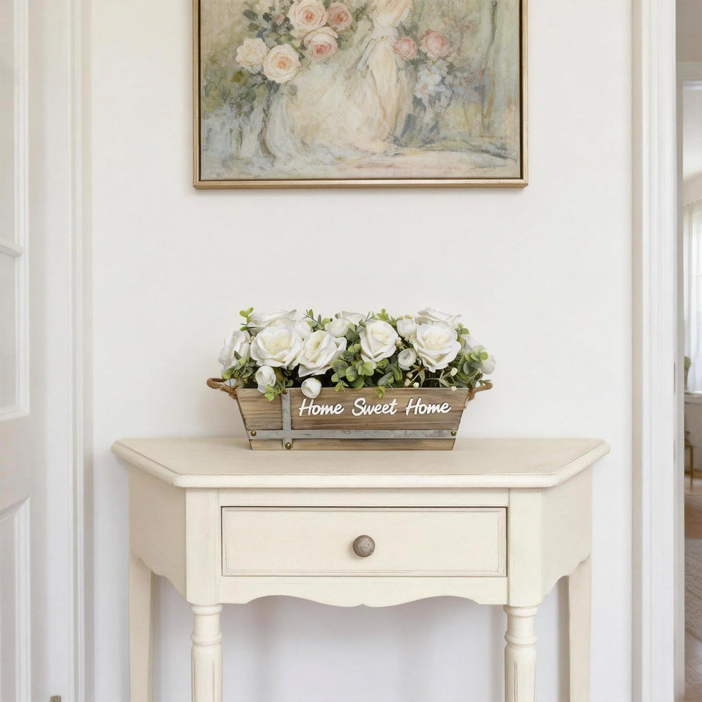 Faux Rose and Eucalyptus Arrangement in Wood Planter