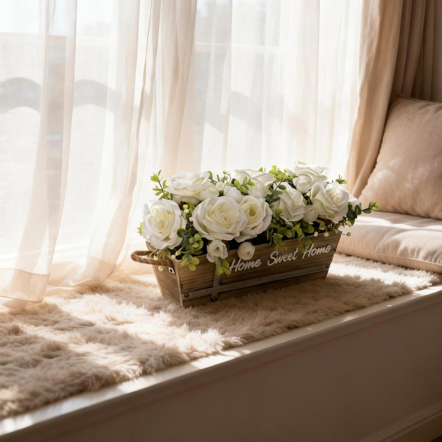 Faux Rose and Eucalyptus Arrangement in Wood Planter
