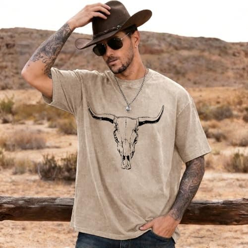 Vintage Cowboy Cow Skull Acid Wash Graphic Short Sleeve T Shirt