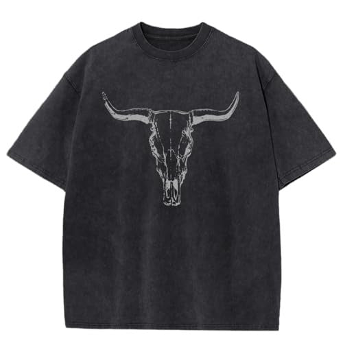 Vintage Cowboy Cow Skull Acid Wash Graphic Short Sleeve T Shirt
