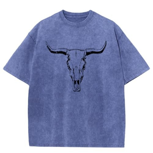 Vintage Cowboy Cow Skull Acid Wash Graphic Short Sleeve T Shirt
