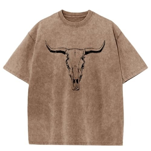 Vintage Cowboy Cow Skull Acid Wash Graphic Short Sleeve T Shirt