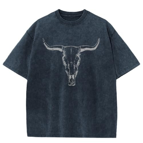Vintage Cowboy Cow Skull Acid Wash Graphic Short Sleeve T Shirt