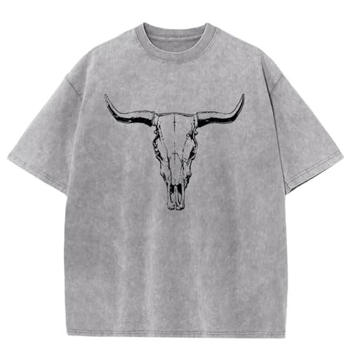 Vintage Cowboy Cow Skull Acid Wash Graphic Short Sleeve T Shirt