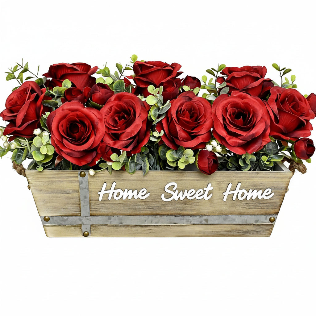Wooden planter with red roses and greenery, featuring 'Home Sweet Home' text.