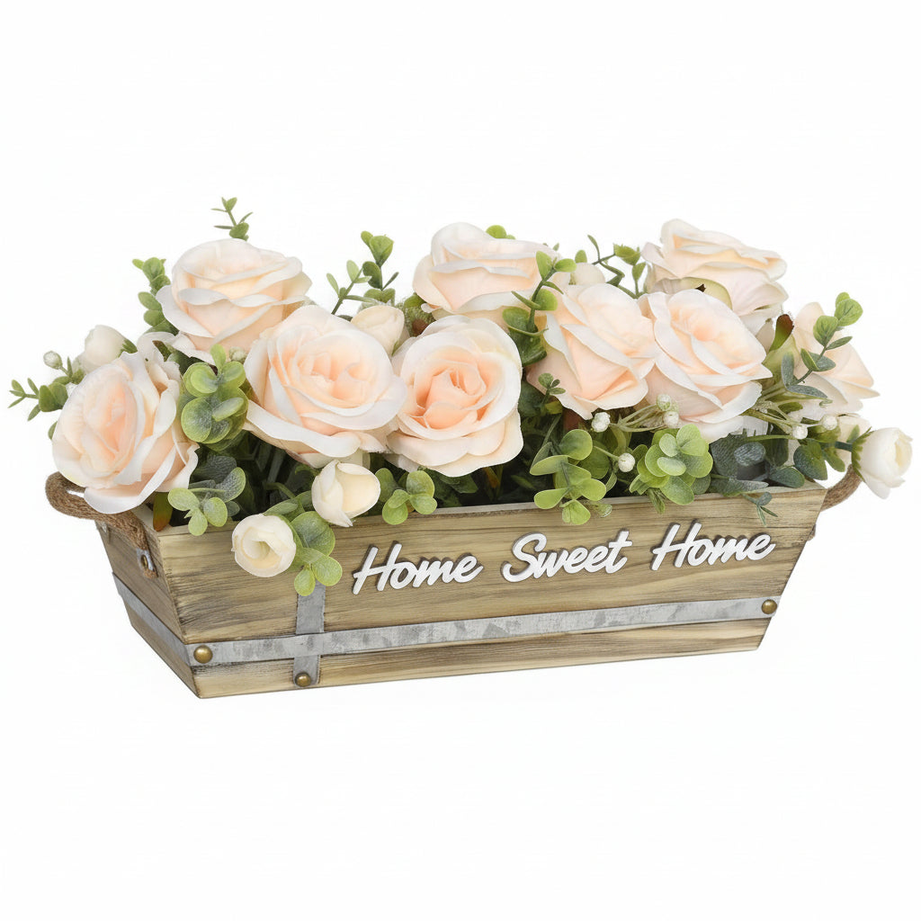 Faux Rose and Eucalyptus Arrangement in Wood Planter