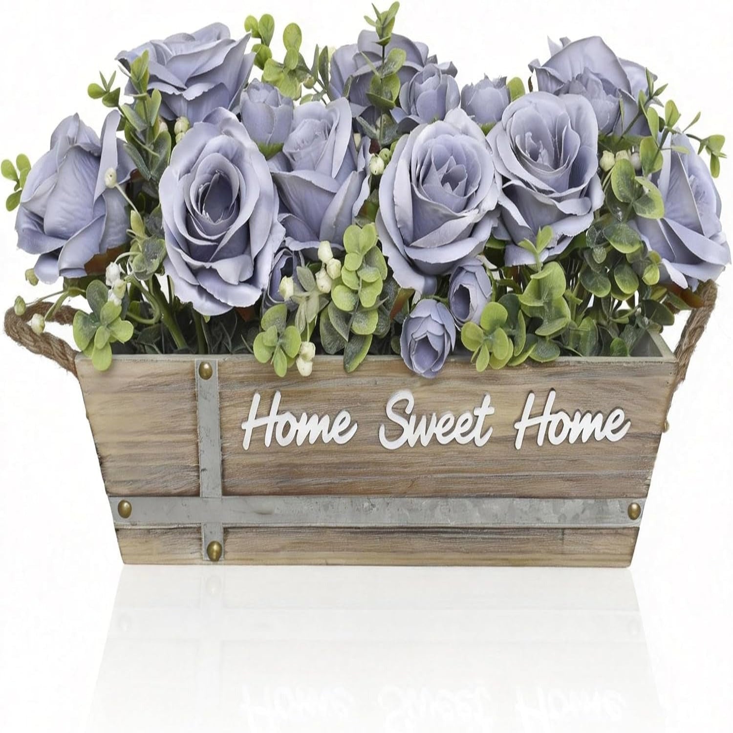 Faux Rose and Eucalyptus Arrangement in Wood Planter