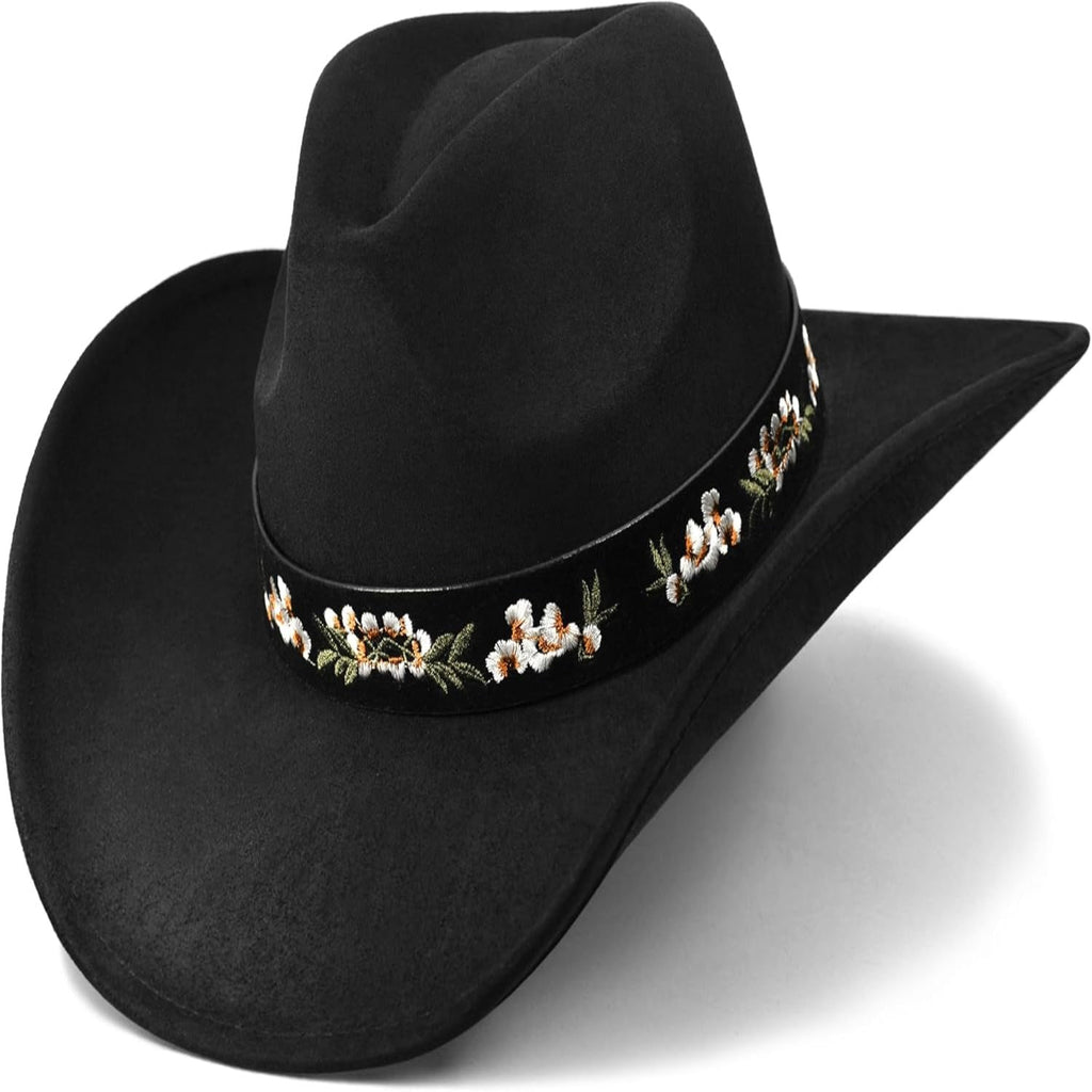 Black cowboy hat with decorative band on a white background