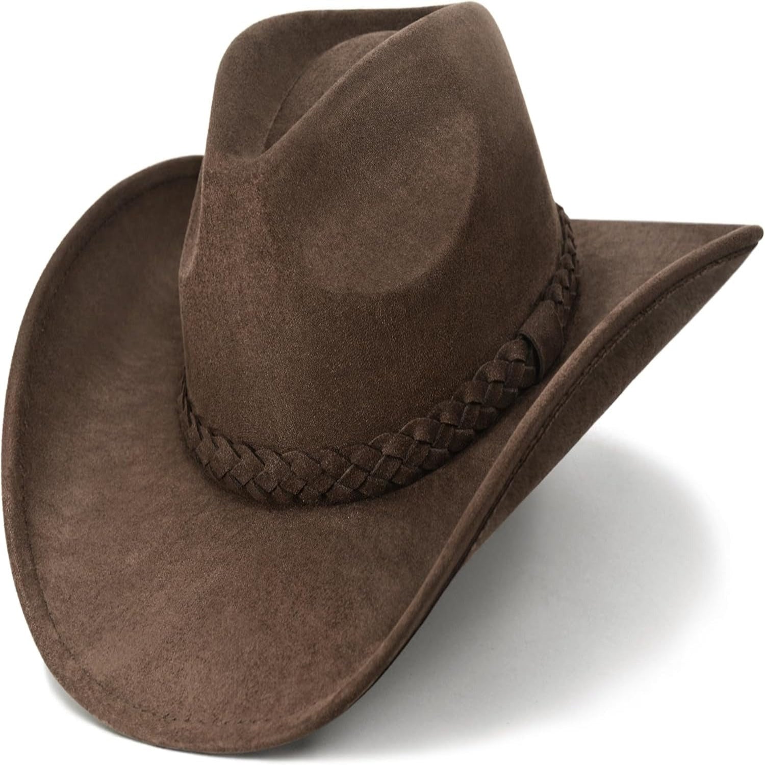 Brown cowboy hat with a braided band on a white background