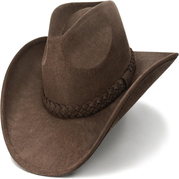 Brown cowboy hat with a braided band on a white background