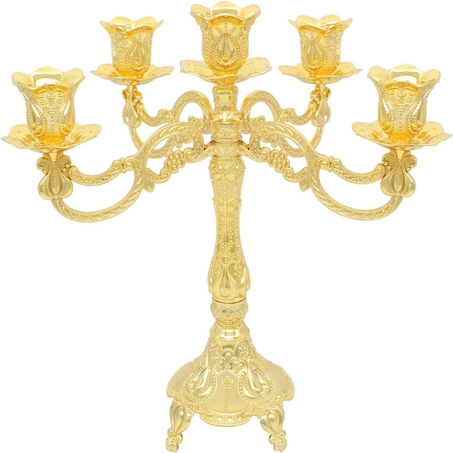 Gold candelabra with five candle holders on a white background